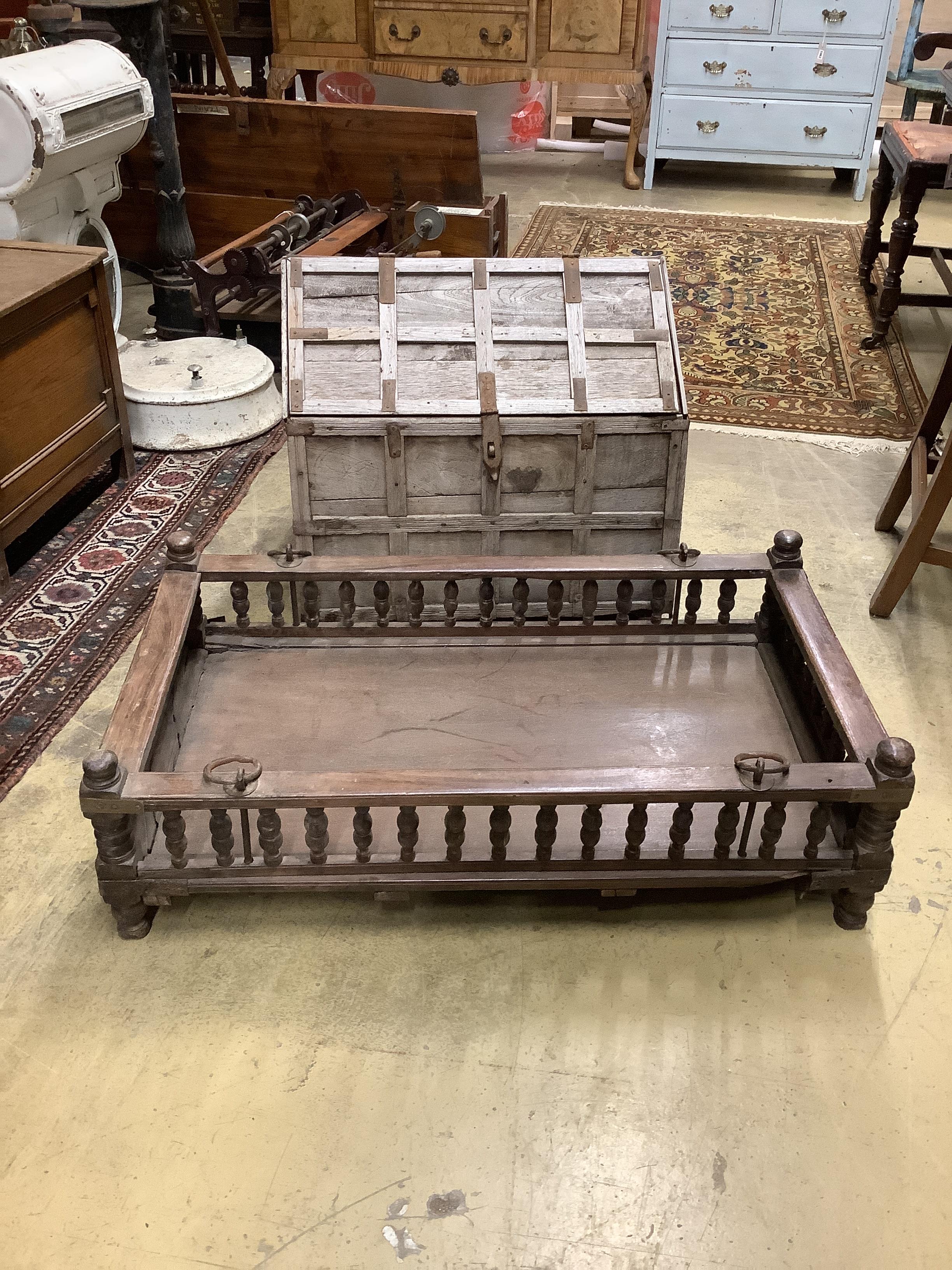 An iron bound hardwood ark trunk, width 60cm, height 52cm together with a rectangular galleried tray